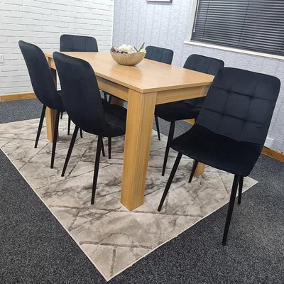 The Range Oak Kitchen Dining Table and 6 Black Tufted Velvet Chairs Dining Set - Oak Black
