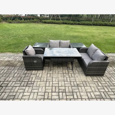The Range Fimous 5-Seat Reclining Rattan Dining Set with 2 Side Tables, Dark Grey Mixed - Dark Grey Mixed