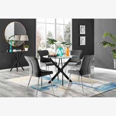 The Range Novara Black Leg Round Glass Dining Table And 4 Nora Silver Leg Chairs - Dark Grey