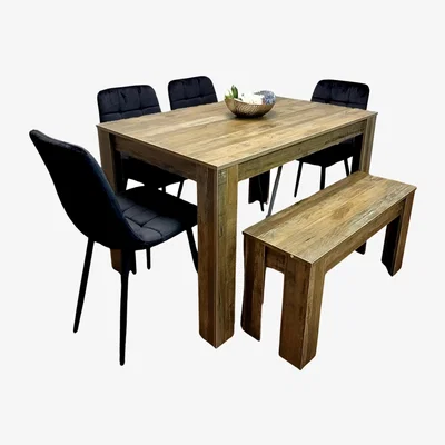 The Range Wood Dining Set with 4 Velvet Chairs and Bench - Brown
