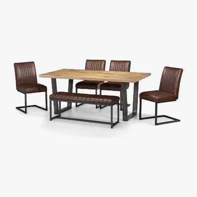 The Range Brooklyn Oak Rectangular Table, Upholstered Bench and Chairs Set - Brown / 1 Table, 1 Bench and 4 Chairs