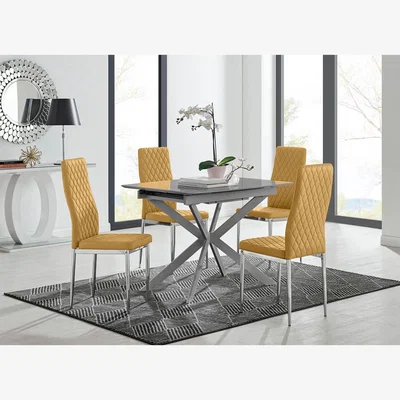 The Range Lira 100cm Grey Metal Extending Dining Table and 4 Velvet Milan Chairs - Mustard