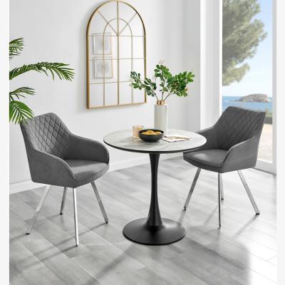 The Range Elina White Marble Effect Round Dining Table and 2 Falun Silver Leg Chairs - Dark Grey