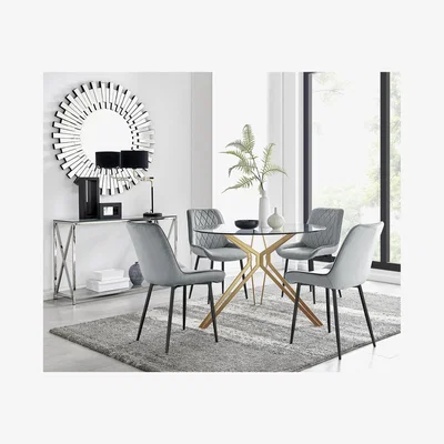 The Range Cascina Glass  Gold Leg Dining Table  4 Pesaro Black Leg Chairs - Grey