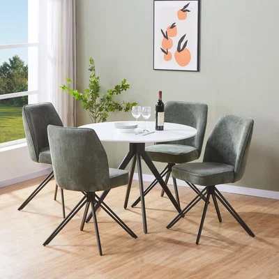 The Range Aspen White Round Table and 4 Hard-Wearing Fabric Swivel Dining Chairs - Green