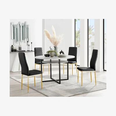 The Range Adley Grey Concrete Effect Dining Table and 4 Velvet Milan Gold Leg Chairs - Black