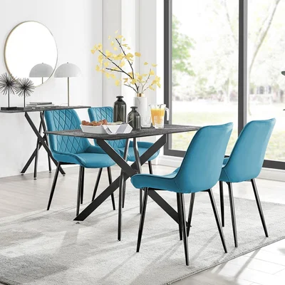 The Range Leonardo Grey Glass Marble Effect Black Leg Table And 4 Pesaro Black Leg Chairs - Blue