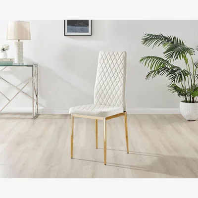 The Range Novara 100cm Gold Round Dining Table and 4 Velvet Milan Gold Leg Chairs - Cream