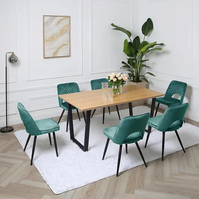 The Range Oak Dining Table Set with 6 Metis Velvet Chairs - Dark Green