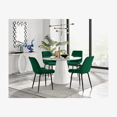 The Range Palma White Marble Effect Round Dining Table  Pesaro Black Leg Chairs - Green / Dining Table & 4 Chairs