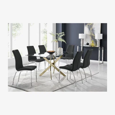 The Range Leonardo 6 Gold Dining Table and 6 Isco Chairs - Black