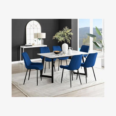 The Range Carson White Marble Effect Dining Table and 6 Pesaro Black Leg Chairs - Navy