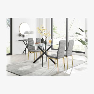 The Range Leonardo Black Leg Glass Dining Table With 4 Milan Gold Leg Chairs - Grey