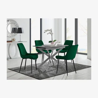 The Range Lira 120cm Grey Metal Extending Dining Table and 4 Pesaro Black Leg Chairs - Green