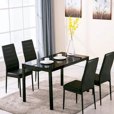 The Range Stunning Glass All Black Dining Table Set With 4 Chairs - Black