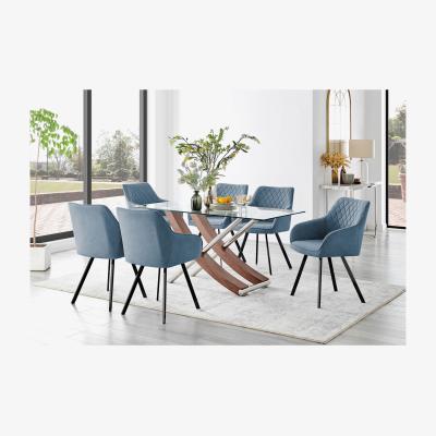 The Range Mayfair Glass and Brown Wood Effect Dining Table and 6 Falun Black Leg Chairs - Blue