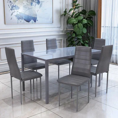 The Range All Grey Glass Dining Table Set and 6 Grey Faux Leather Chairs - Grey
