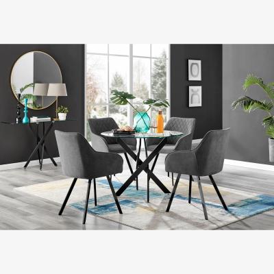 The Range Novara Black Leg Round Glass Dining Table And 4 Falun Black Leg Chairs - Dark Grey