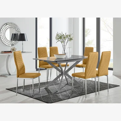 The Range Lira 100cm Grey Metal Extending Dining Table and 6 Velvet Milan Chairs - Mustard