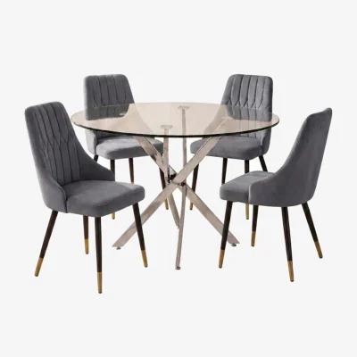 The Range Kitchen Dining Set with Round Glass Table and 4 Grey High Back Velvet Chairs with Gold Tip Legs - Grey