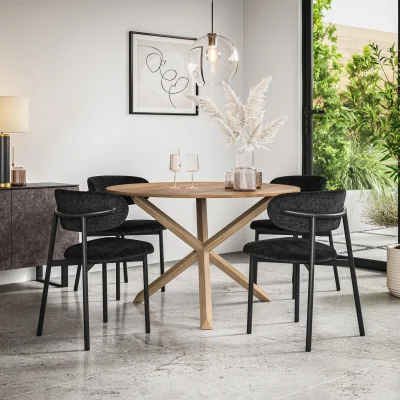The Range Malvern Oak Effect Top W Oak Leg Dining Table And 6 Myla Linen Chairs - Black