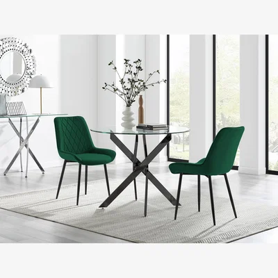 The Range Novara 100cm Round Black Leg Kitchen Dining Table And 2 Pesaro Black Leg Chairs - Green