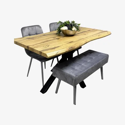 The Range Dining Table with 2 Grey Velvet Chairs and Modern grey velvet padded Benches - Brown