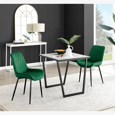 The Range Carson White Marble Effect Square Dining Table and 2 Pesaro Black Leg Chairs - Green