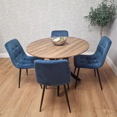 The Range 4 Seater Round Dining Table with Metal X Shaped Legs & 4 Blue Velvet Chairs for Dining Room Set - Blue