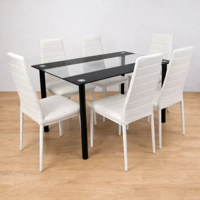 The Range Dining Table and 6 Chairs Black Clear Glass 6 Faux Leather White Chairs Dining Room Furniture - Black
