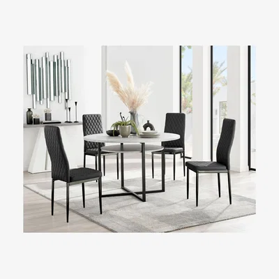 The Range Adley Grey Concrete Effect Storage Dining Table and 4 Milan Black Leg Chairs - Black