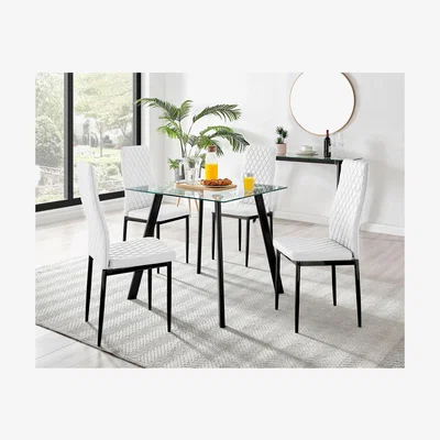 The Range Seattle Glass and Black Leg Square Dining Table and 4 Milan Black Leg Chairs - White