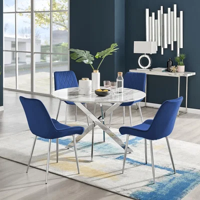 The Range Novara White Marble Effect 120cm Dining Table  4 Pesaro Silver Chairs - Navy