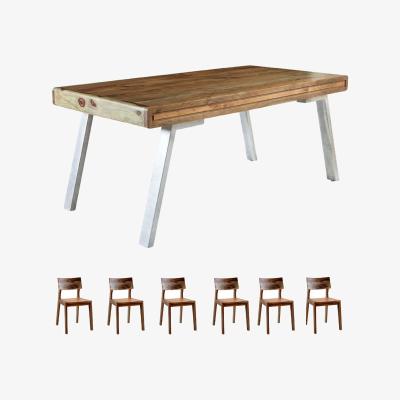 The Range Retro Wood And Metal Large Dining Table Set With 6 Chairs - Natural Wood