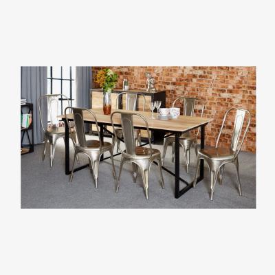 The Range Mintis Upcycled Industrial Seater Dining Table Set with 6 Metal Silver Chairs - Light Wood