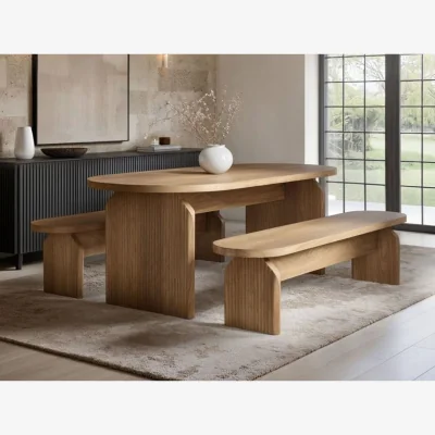The Range Varm Wooden Ribbed Dining Table With Bench Set Oak - Brown