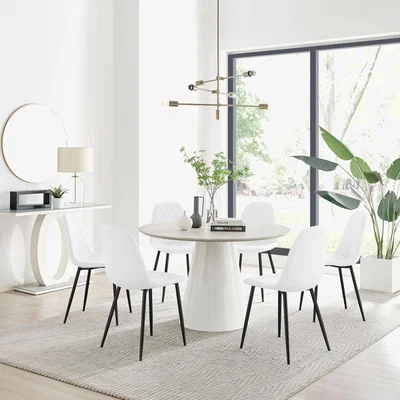 The Range Palma Beige Stone Effect Round Dining Table and 6 Corona Black Leg Chairs - White