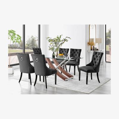 The Range Mayfair Glass and Brown Wood Effect Dining Table 6 Belgravia Black Leg Chairs - Black