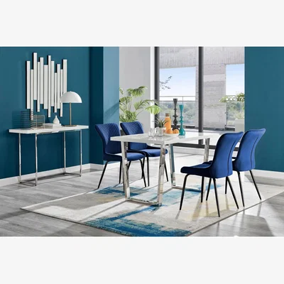 The Range Kylo White High Gloss Dining Table and 4 Nora Black Leg Chairs - Blue