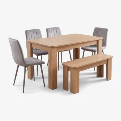 The Range Oak Effect Dining Table Set with 4 Grey Velvet Chairs and Oak Effect Bench 6 Seater - Grey