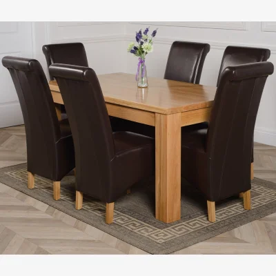 The Range Dakot 152 x 87cm Medium Oak Dining Table and 6 Montana Leather Chairs - Brown