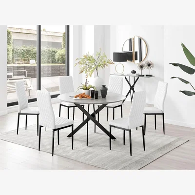 The Range Novara Grey Concrete Black Leg 120cm Dining Table  6 Milan Black Leg Chairs - White