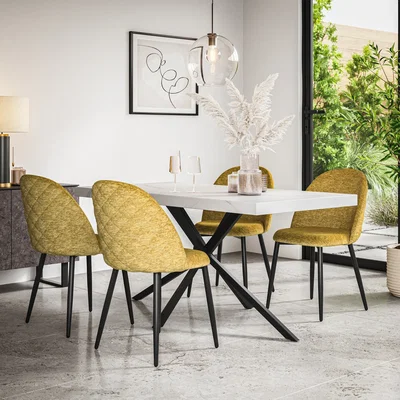 The Range Donni White Marble Top Rectangle Dining Table & 4 Raye Velvet Chairs - Mustard