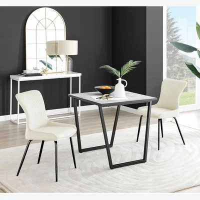 The Range Carson White Marble Effect Square Dining Table and 2 Nora Black Leg Chairs - Cream