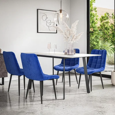 The Range Haydon Extending Marble Effect Dining Table Set w 4-6 Nova Velvet Chairs - Blue / 6