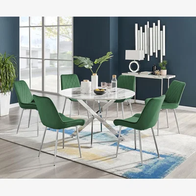 The Range Novara White Marble Effect 120cm Dining Table 6 Pesaro Silver Chairs - Green
