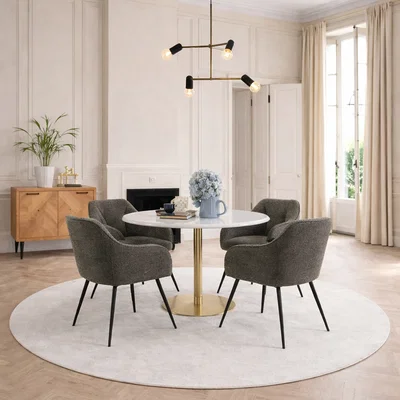 The Range Corby Round Table White Marble Gold Base + 4 Brooke Armrest Taupe - White Marble & Gold & Taupe