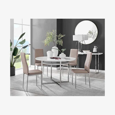 The Range Adley White High Gloss Storage Dining Table and 4 Milan Chrome Leg Chairs - Cappuccino