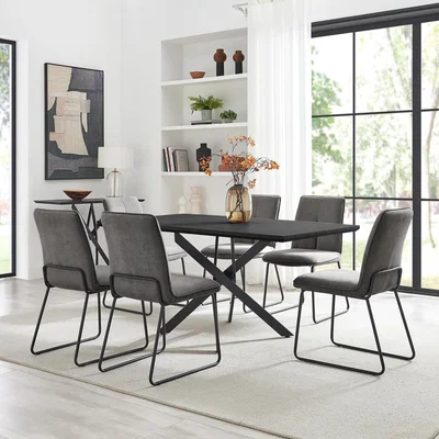 The Range Leonardo Black Top Dining Table  6 Halle Fabric Chairs - Dark grey