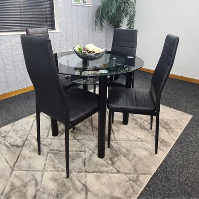 The Range Round Black Glass Dining Table and 4 Chairs - Black